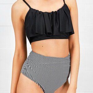 NEW Black White High Waisted Ruffled Bikini Swim Set Size XS